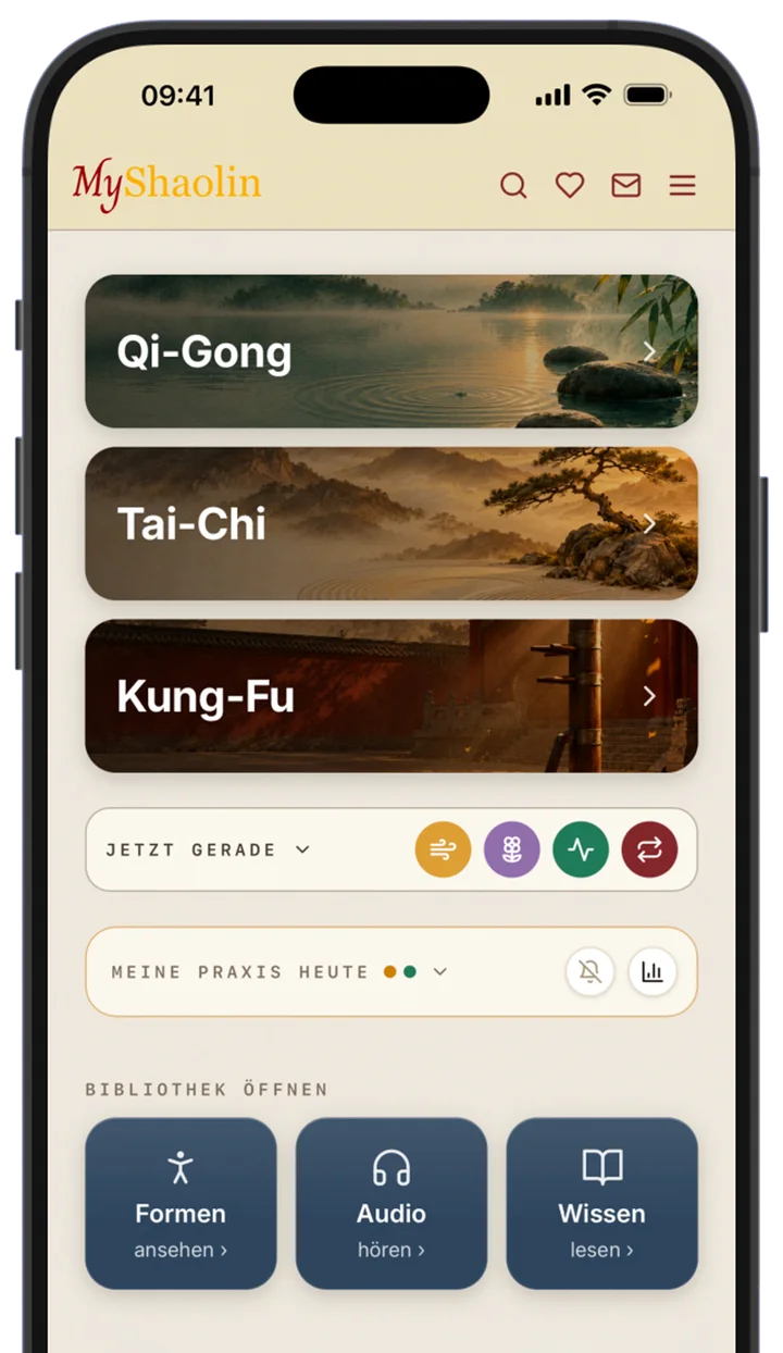 Startseite der MyShaolin App mit den Bereichen Qi-Gong, Tai-Chi und Kung-Fu