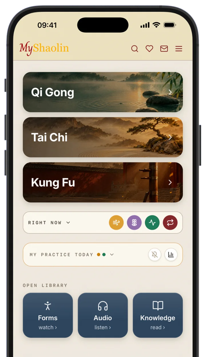 Home screen of the MyShaolin app with Qi Gong, Tai Chi and Kung Fu